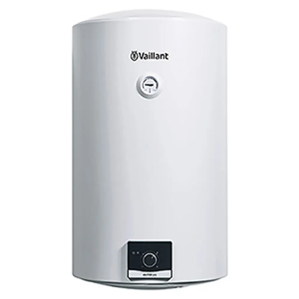 Vaillant Elektro-Wandspeicher in runder Form, weiß lackiert mit einem Regler und einer Anzeige auf der Vorderseite.